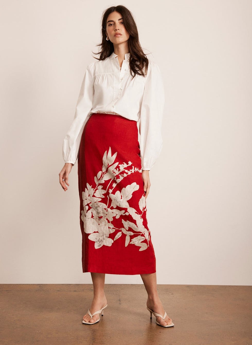 Red Linen Floral Print Midi Skirt