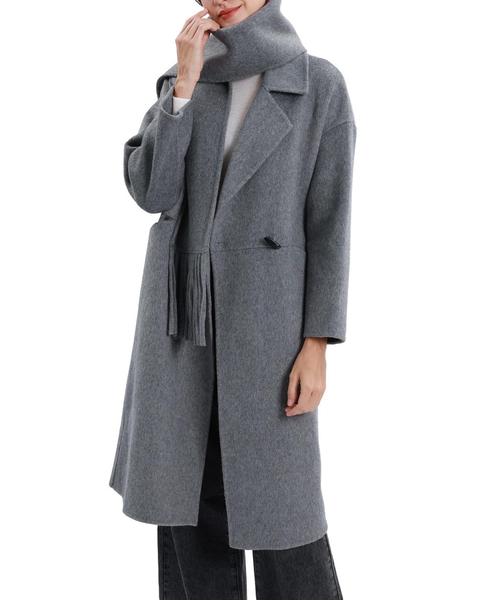 Winter notch reversal wool mixed coat with scarf