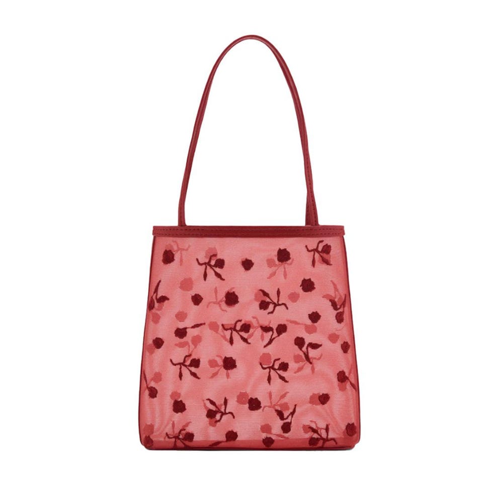Flower-Embroidered Mesh Bag