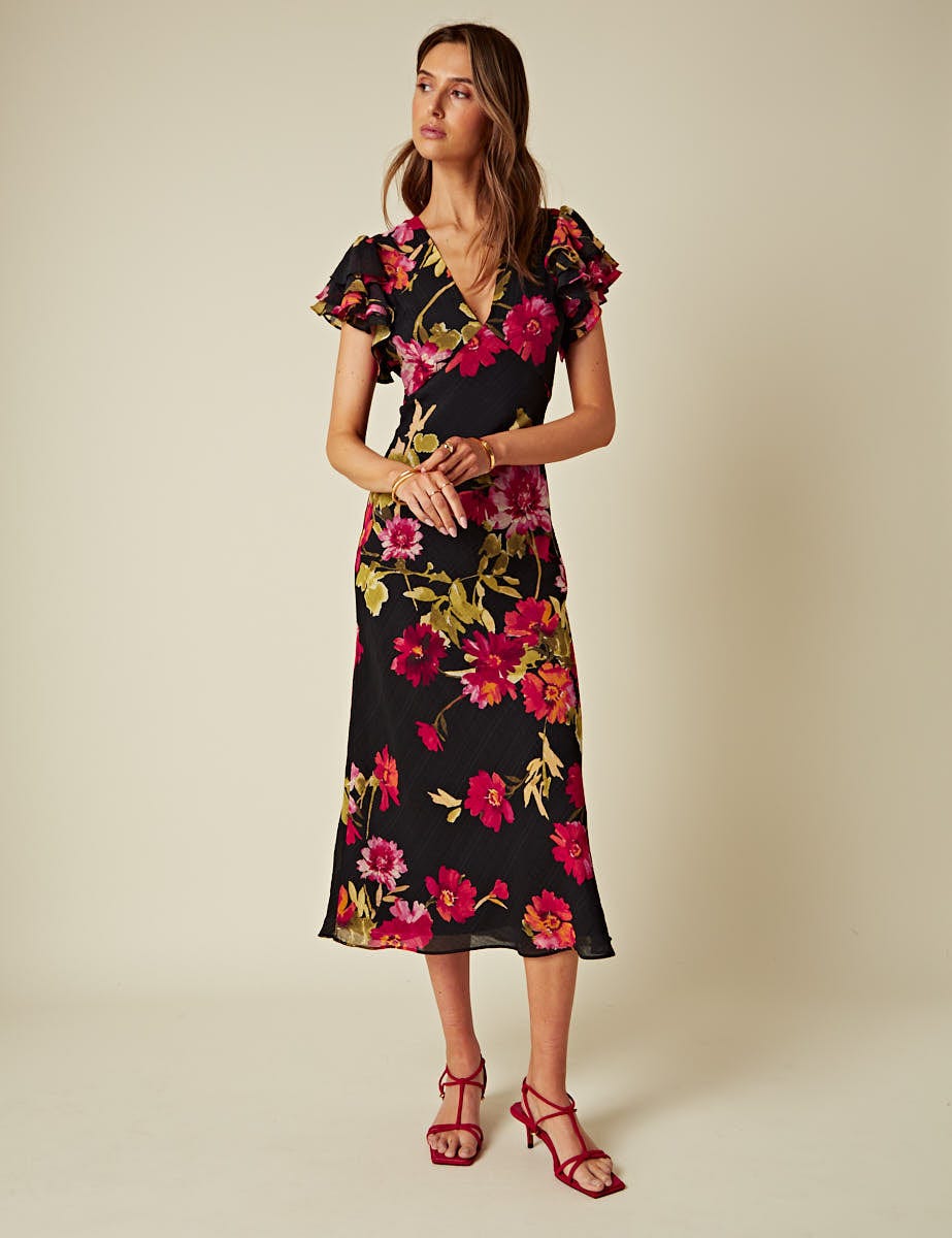Black Floral Layla Midi Dress
