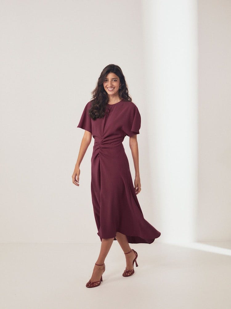 Burgundy Short Sleeve Ruched Midi Dress