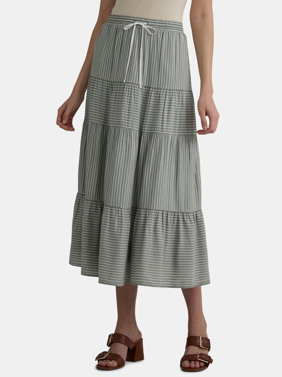 Time and Tru Women’s Tiered Midi Skirt with Elastic Waistband