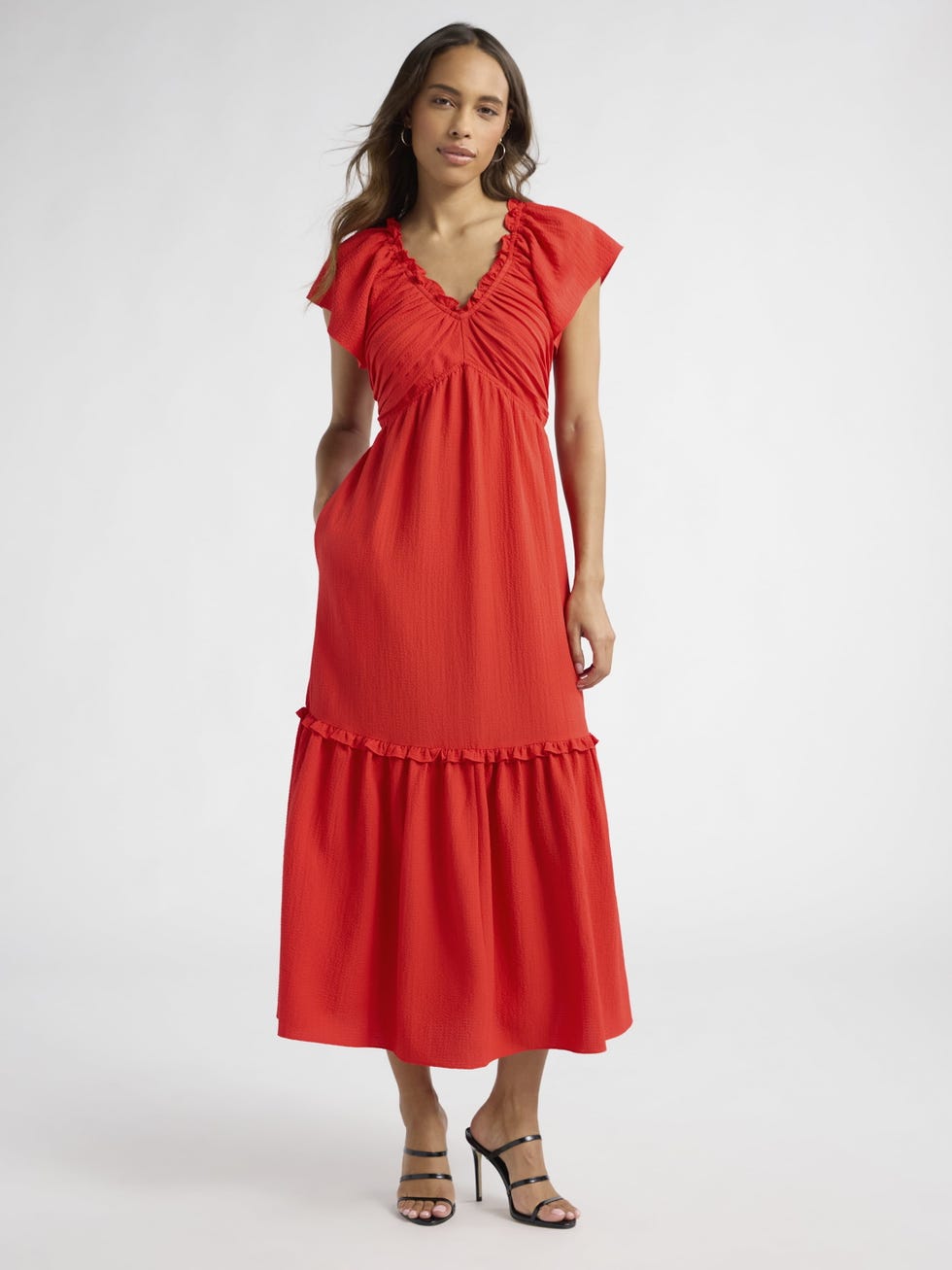 Women's V Neck Dress with Flutter Sleeves