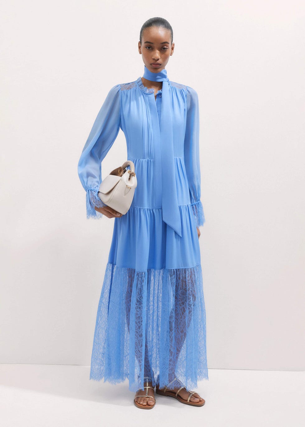 Silk Lace-Trim Full-Length Dress + Belt