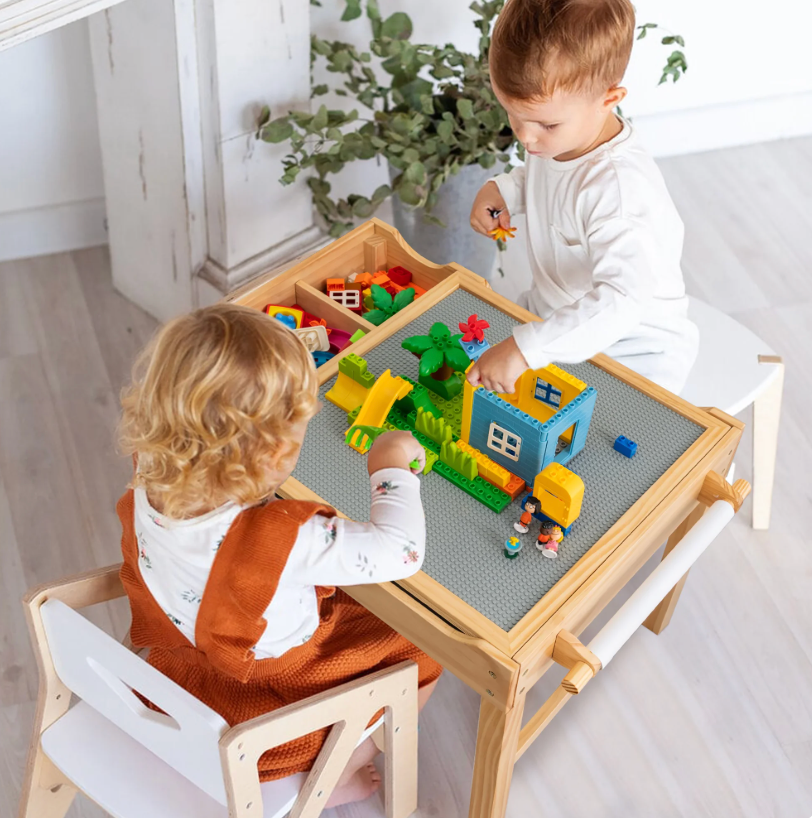 Wooden Play Table for Building Blocks with Paper Roll