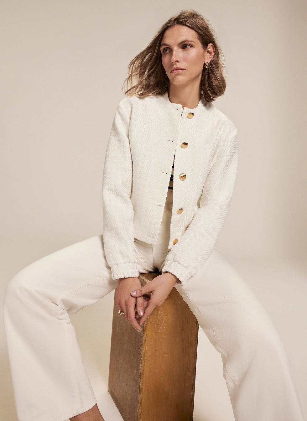 Cream bouclé bomber jacket