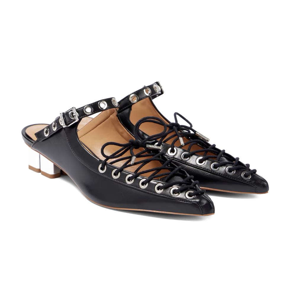 Faux Leather Lace-Up Mules in Black