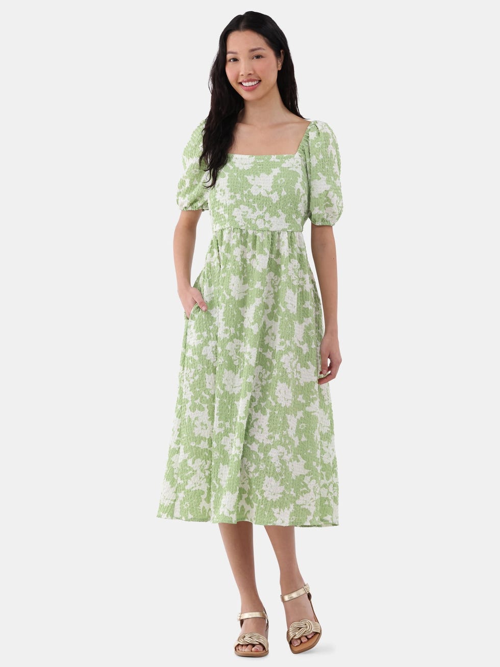 Time and Tru Back Tie Midi Dress with Puff Sleeves