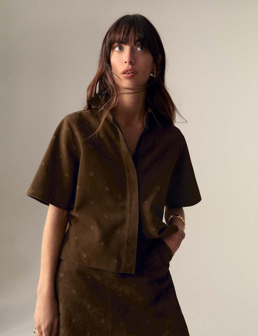 Suede embroidered collared shirt