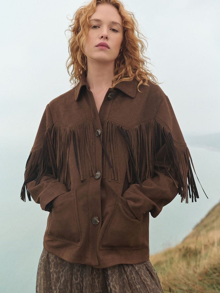 Chocolate brown faux suede fringed jacket