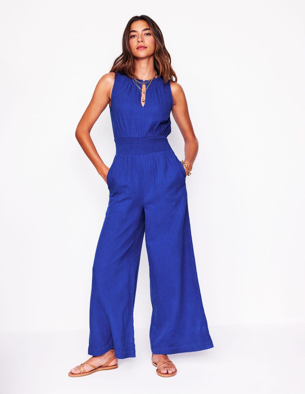 Smocked Double Cloth Jumpsuit Bright Blue