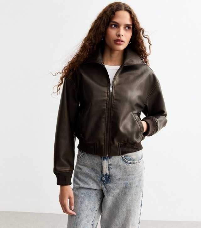Dark Brown Faux Leather Bomber Jacket