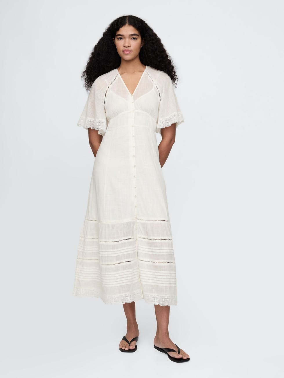 White lace-trim midi dress