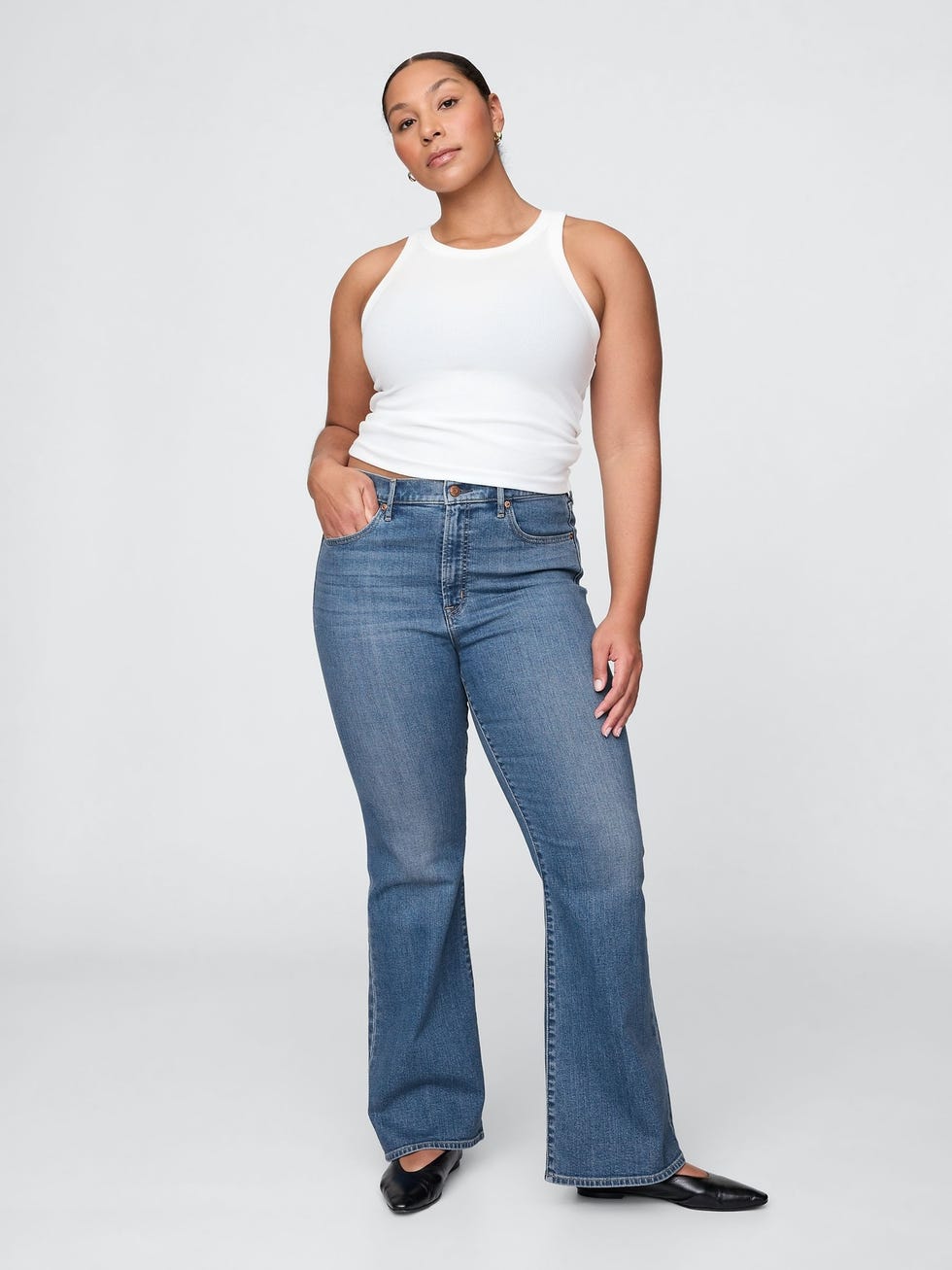 Blue high-waisted 70s flare jeans