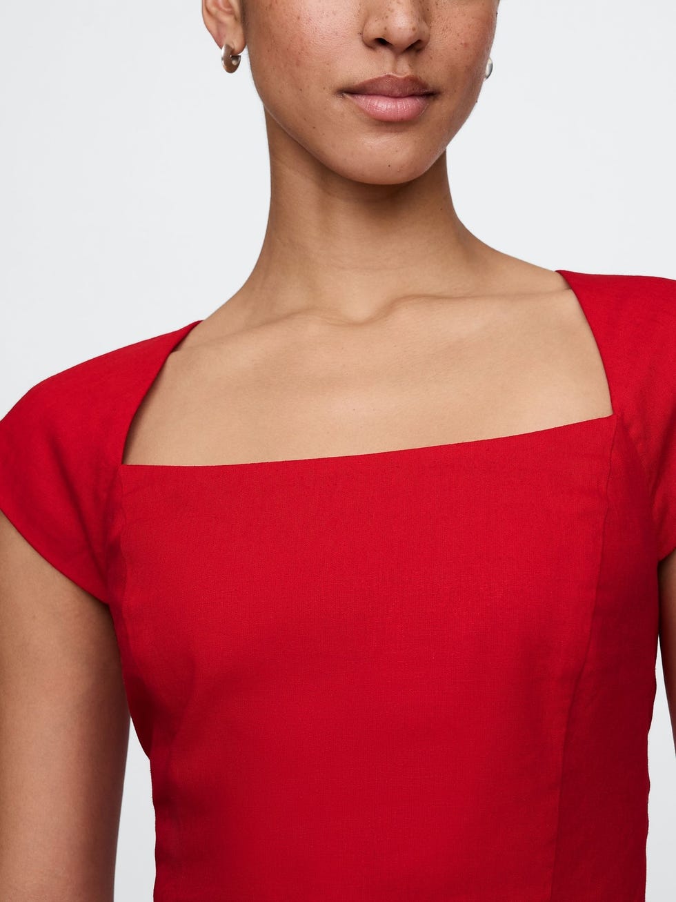 Red heavyweight linen-blend cap-sleeve cropped top