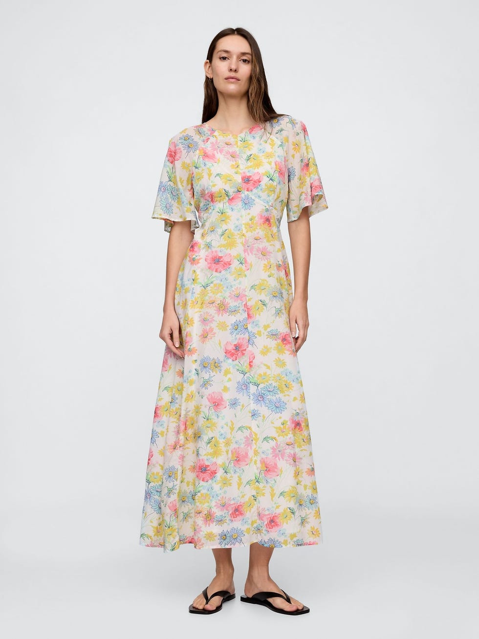 White floral voile flutter-sleeve maxi dress