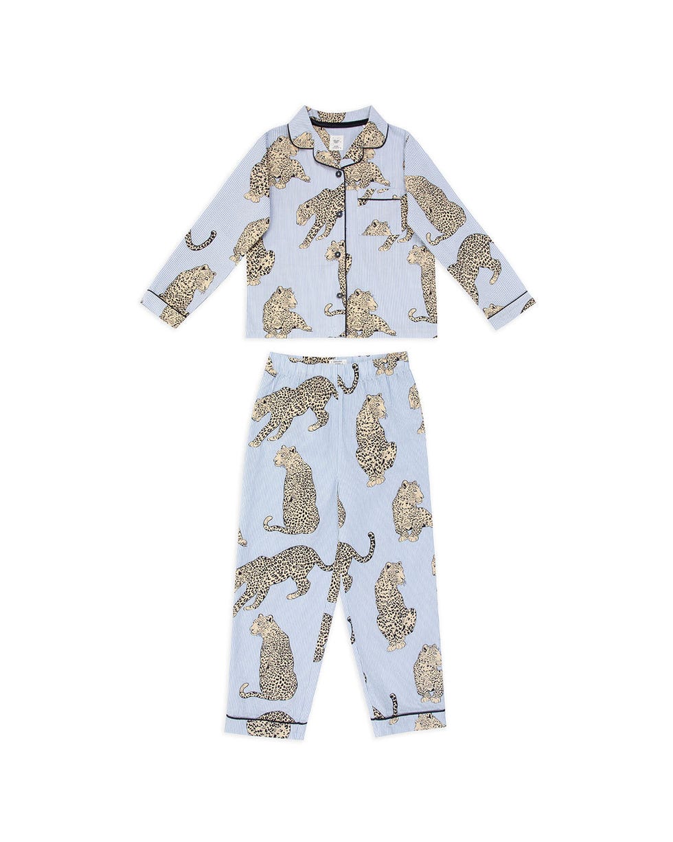 Kids Seersucker Cotton Leopard Stripe Print Long Pyjama Set