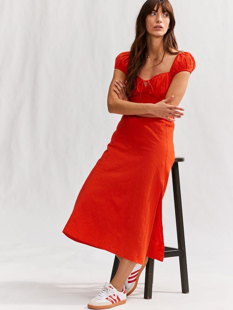 Bright Red Puff Sleeve Midi Dress