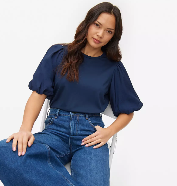Navy Poplin Puff Sleeve Top