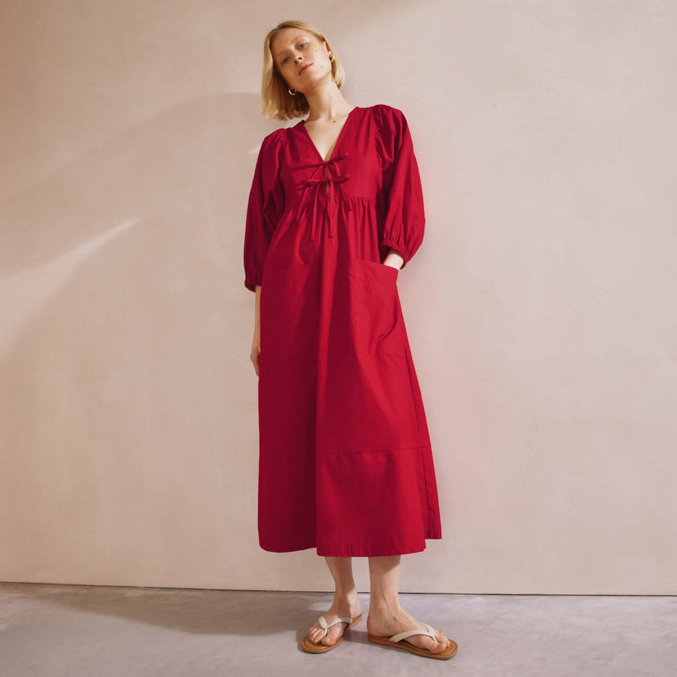 Red Tie V-Neck Cotton Dress