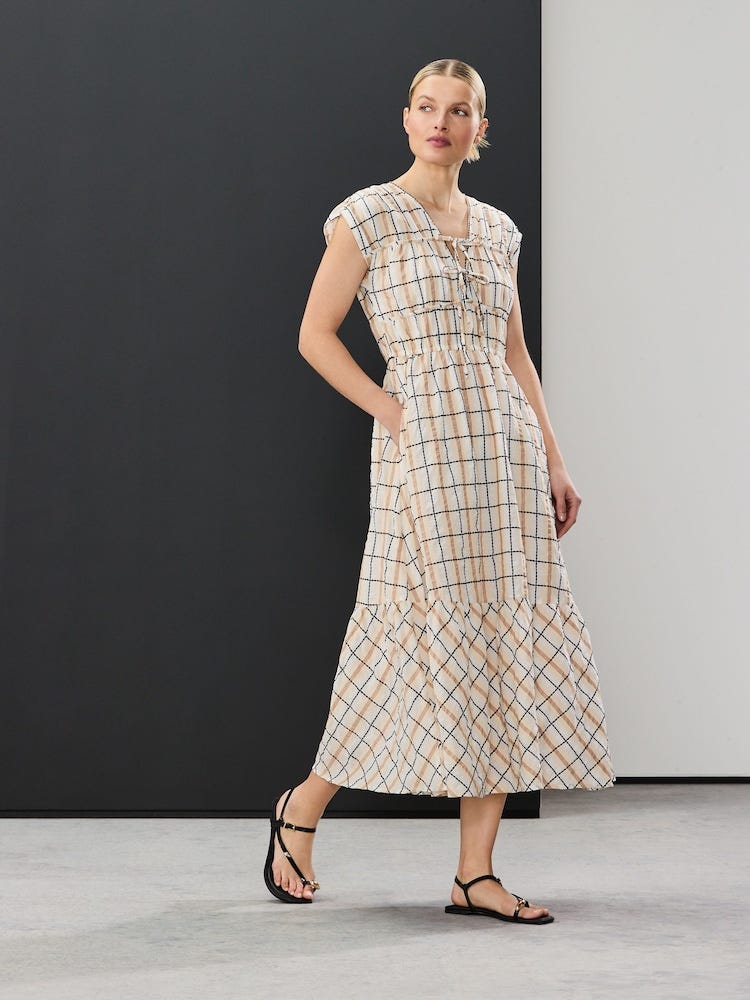 Cream And Black Check Tie Front Short-Sleeve Midi Dress