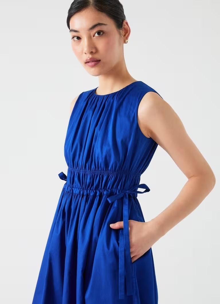 Lea Mazarine Blue Cotton Gathered Tie Waist Dress