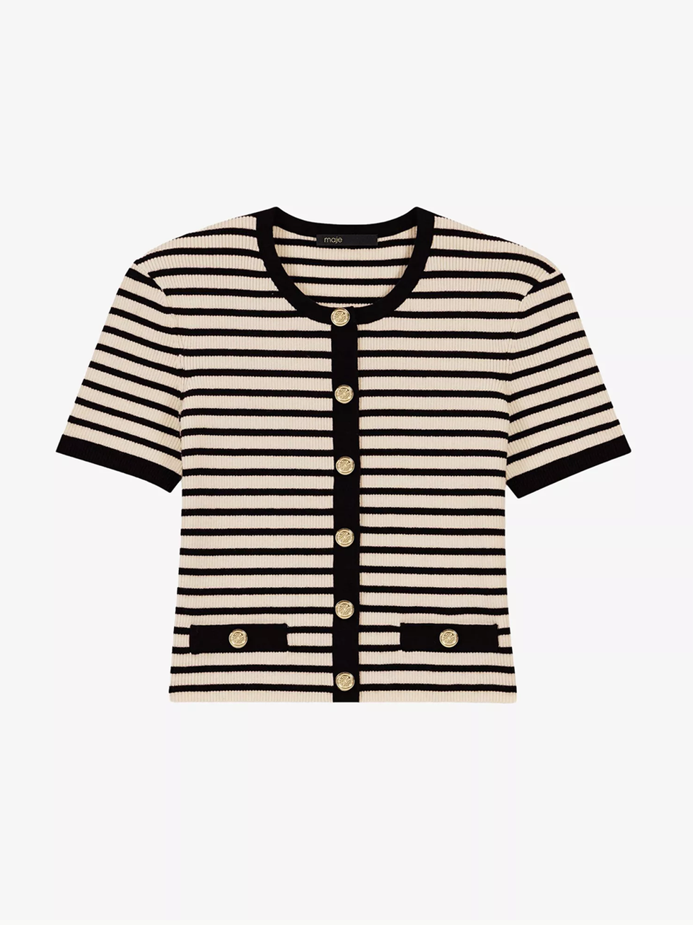 Maje cropped stripe short-sleeve rib-knit cardigan