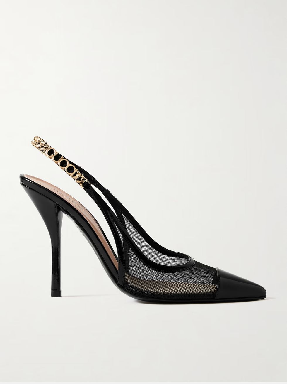 Gucci Signoria embellished patent leather-trimmed mesh slingback pumps