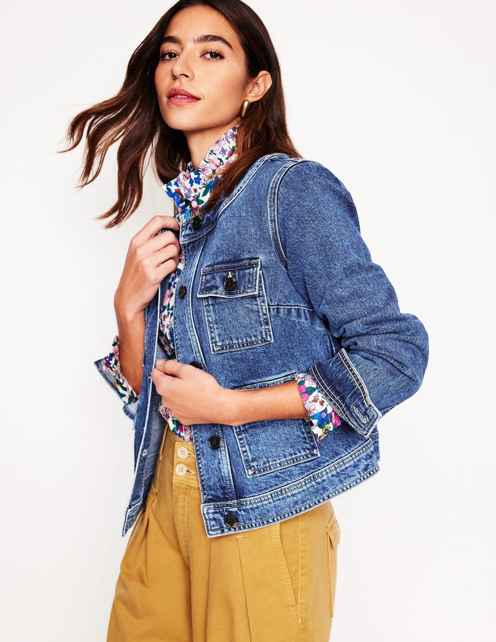 Collarless Casual Jacket Mid Wash Denim