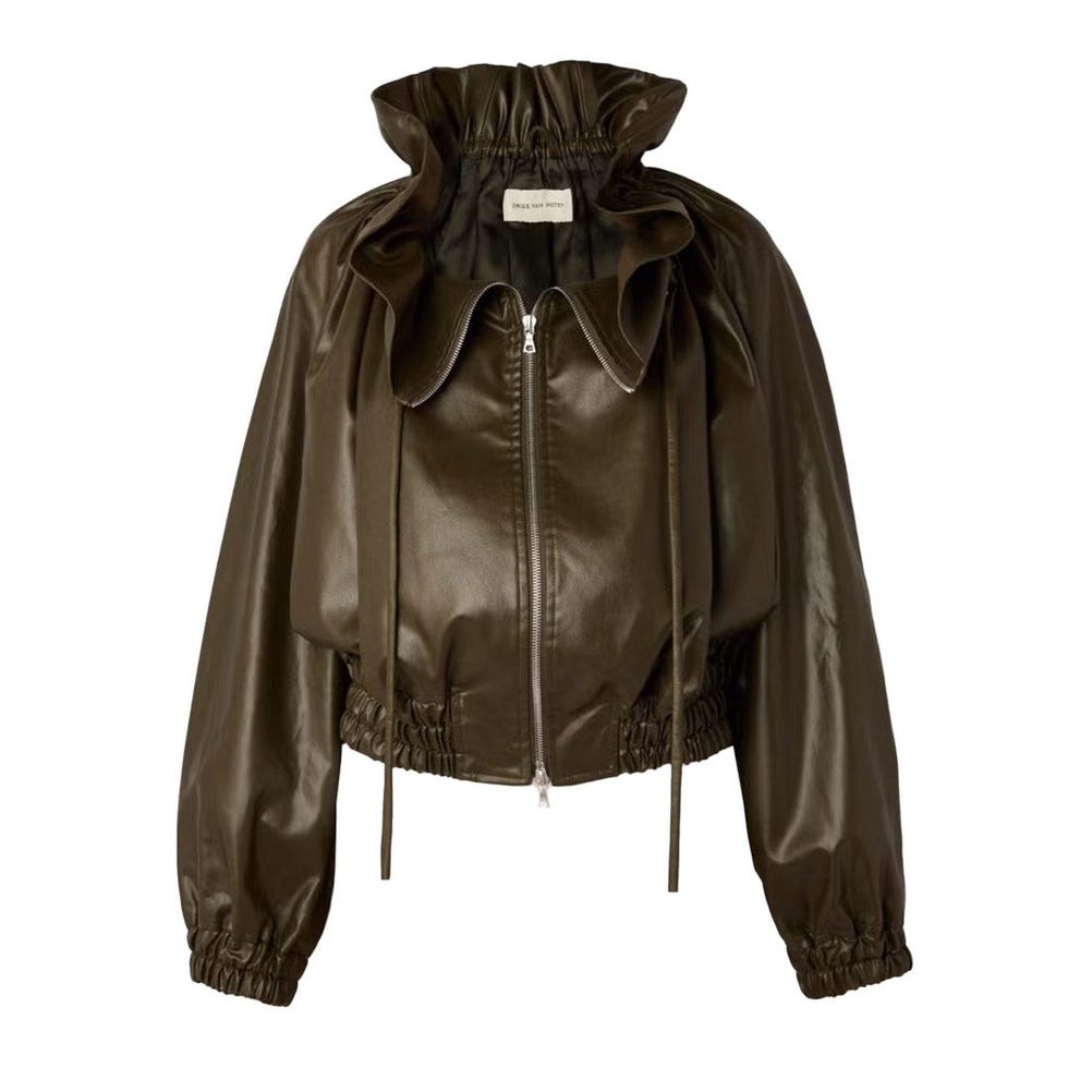 Cropped Ruffled Faux Leather Bomber Jacket