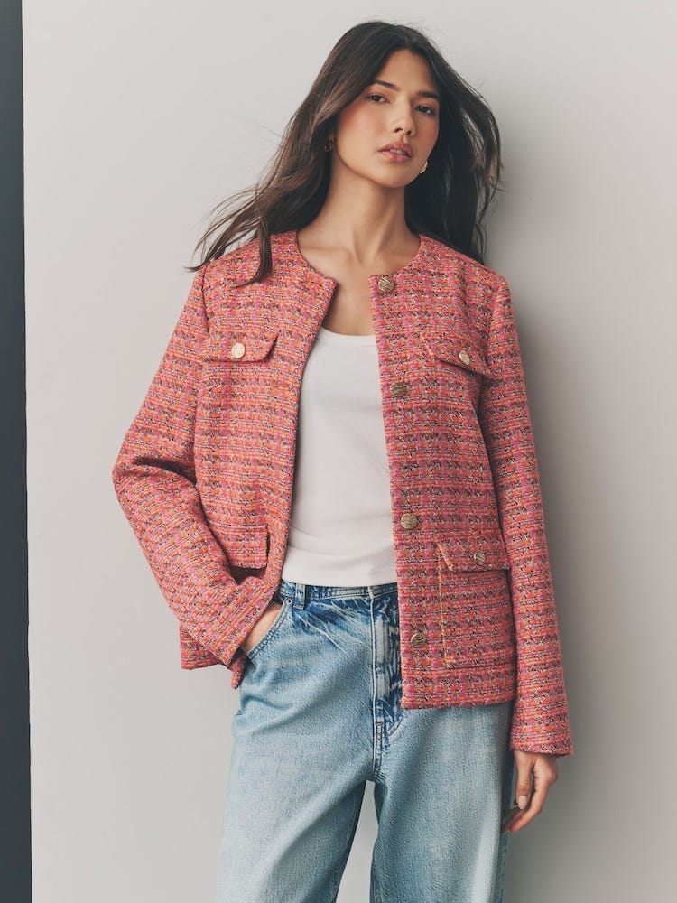 Pink/Orange Collarless Textured Boucle Jacket