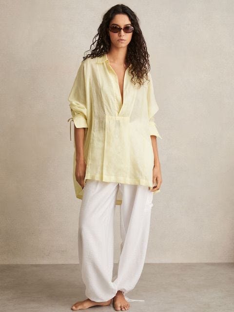 Ramie Open-collar Kaftan Shirt