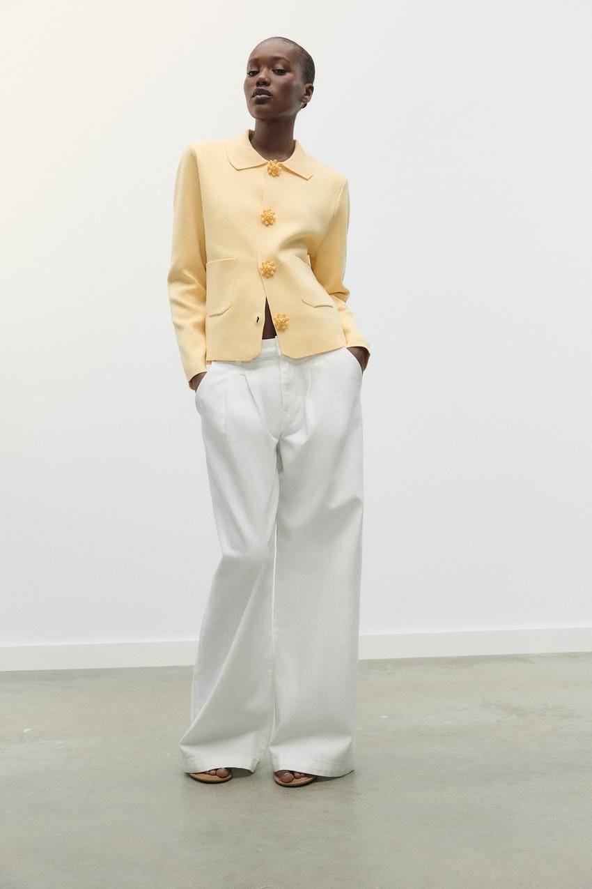 Plain Knit Jacket with Beaded Buttons