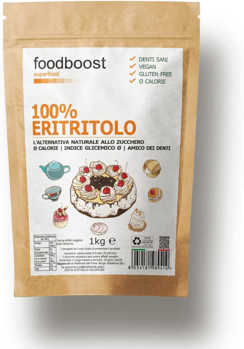 Beppiani Eritritolo 1Kg foodboost, sostituto dello zucchero, 0kcal - 100% Puro, stesso potere dolcificante dello zucchero da cucina, adatto per diabetici e diete ipocaloriche o bilanciate