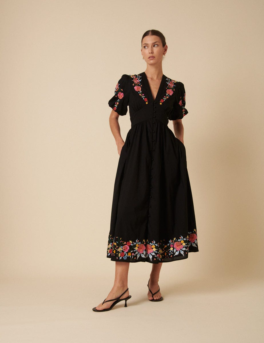 The Embroidered One... Black Floral Starlight Midi Dress