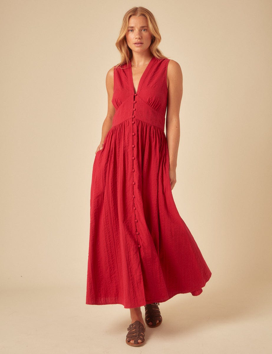 The Red Sleeveless One... Linen-blend Starlight Midi Dress