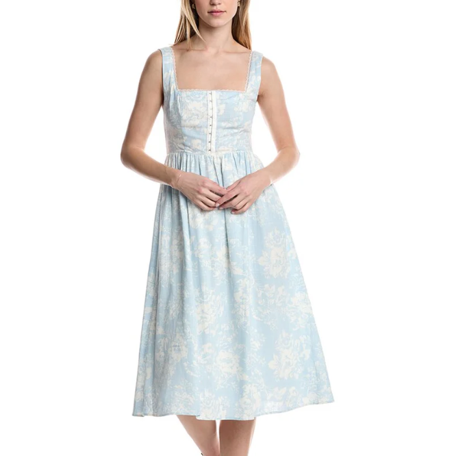 Blue Linen-Blend Midi Dress