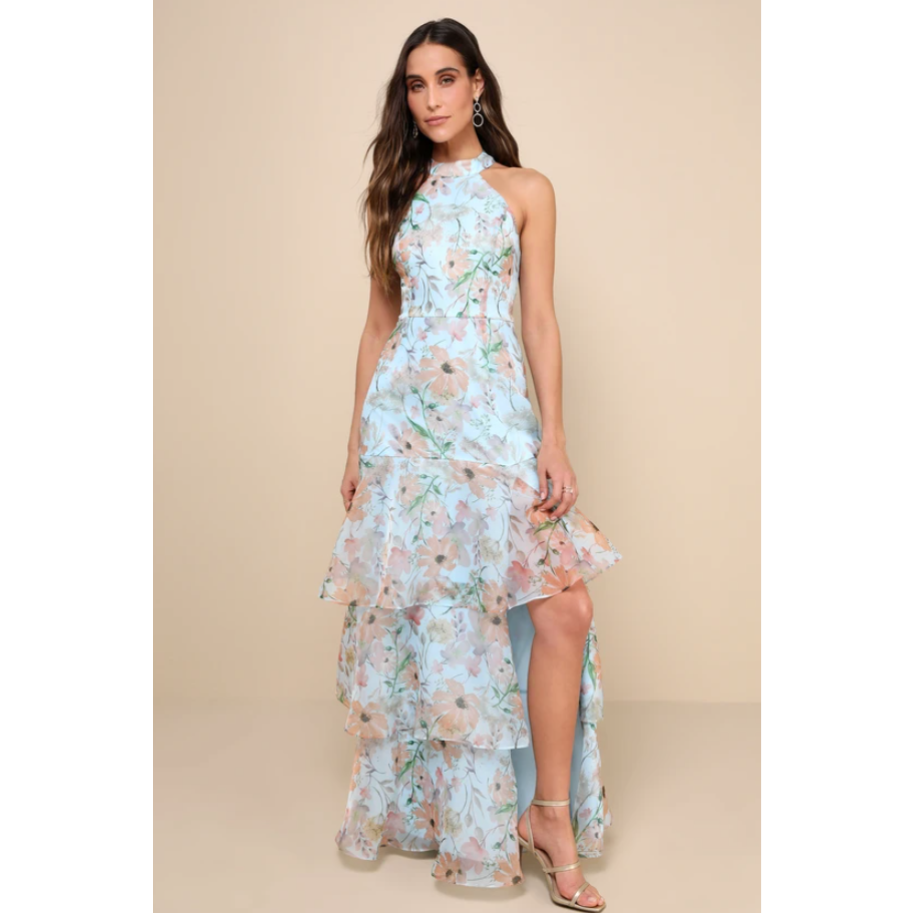 Light Blue Floral Halter Organza Maxi Dress