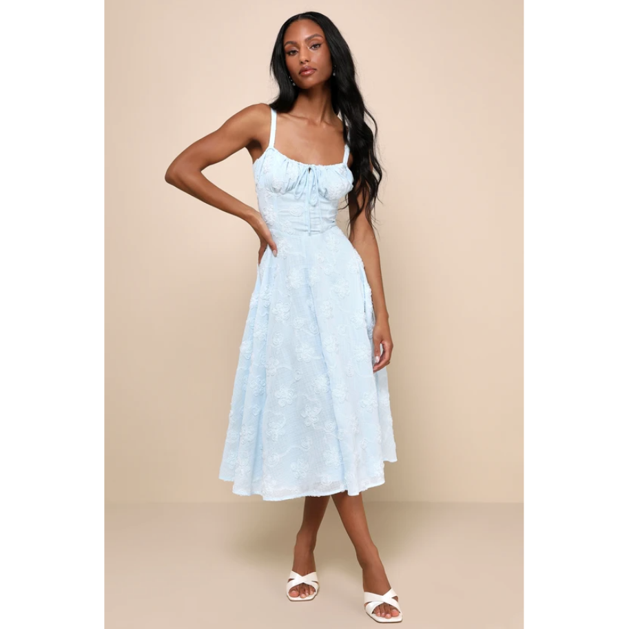 Light Blue Rosette Bustier Lace-Up Midi Dress