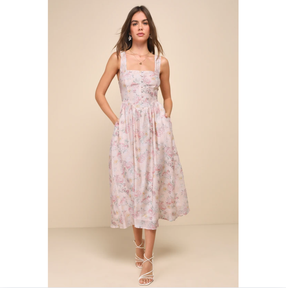 Darling Blush Pink Floral Midi Dress With Pockets