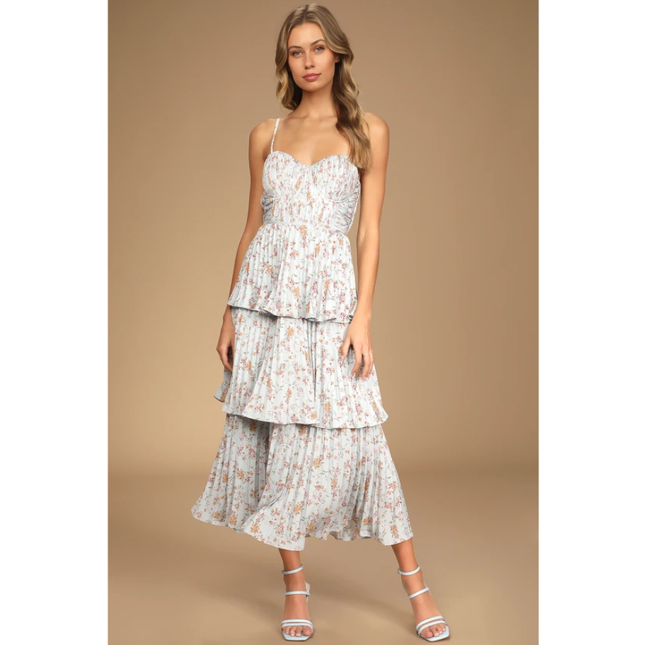 Cascading Pale Blue Floral Tiered Midi Dress