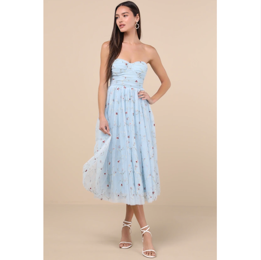 Kiley Light Blue Embroidered Strapless Midi Dress
