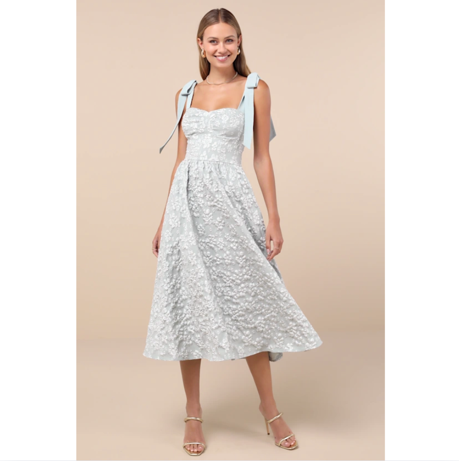 Bubbly Bliss Sage Green Jacquard Tie-Strap Midi Dress