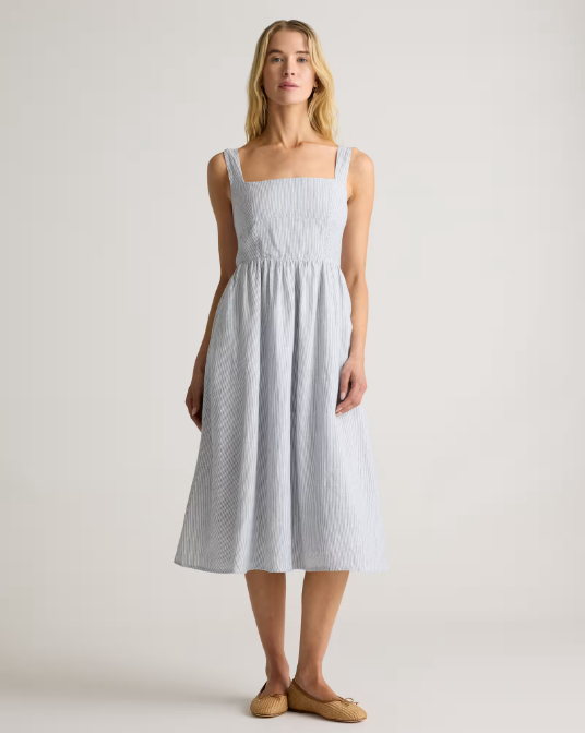 Linen Fit & Flare Blue Pinstripe Midi Dress