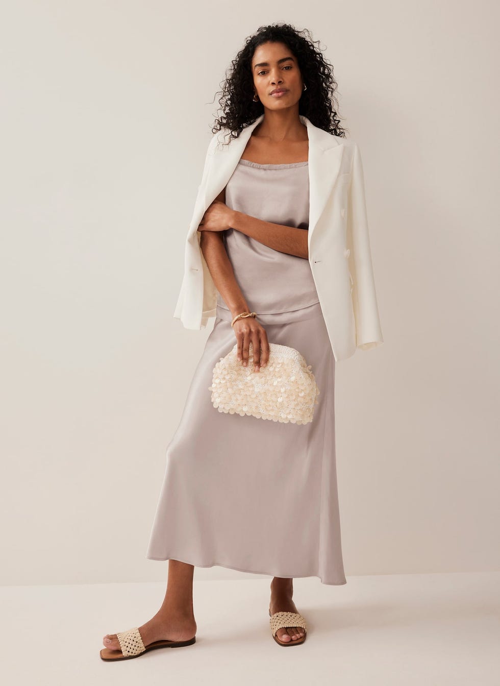 Neutral Satin Slip Midi Skirt