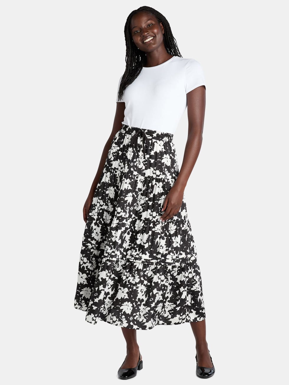 Time and Tru Women's Printed Tiered Midi Skirt