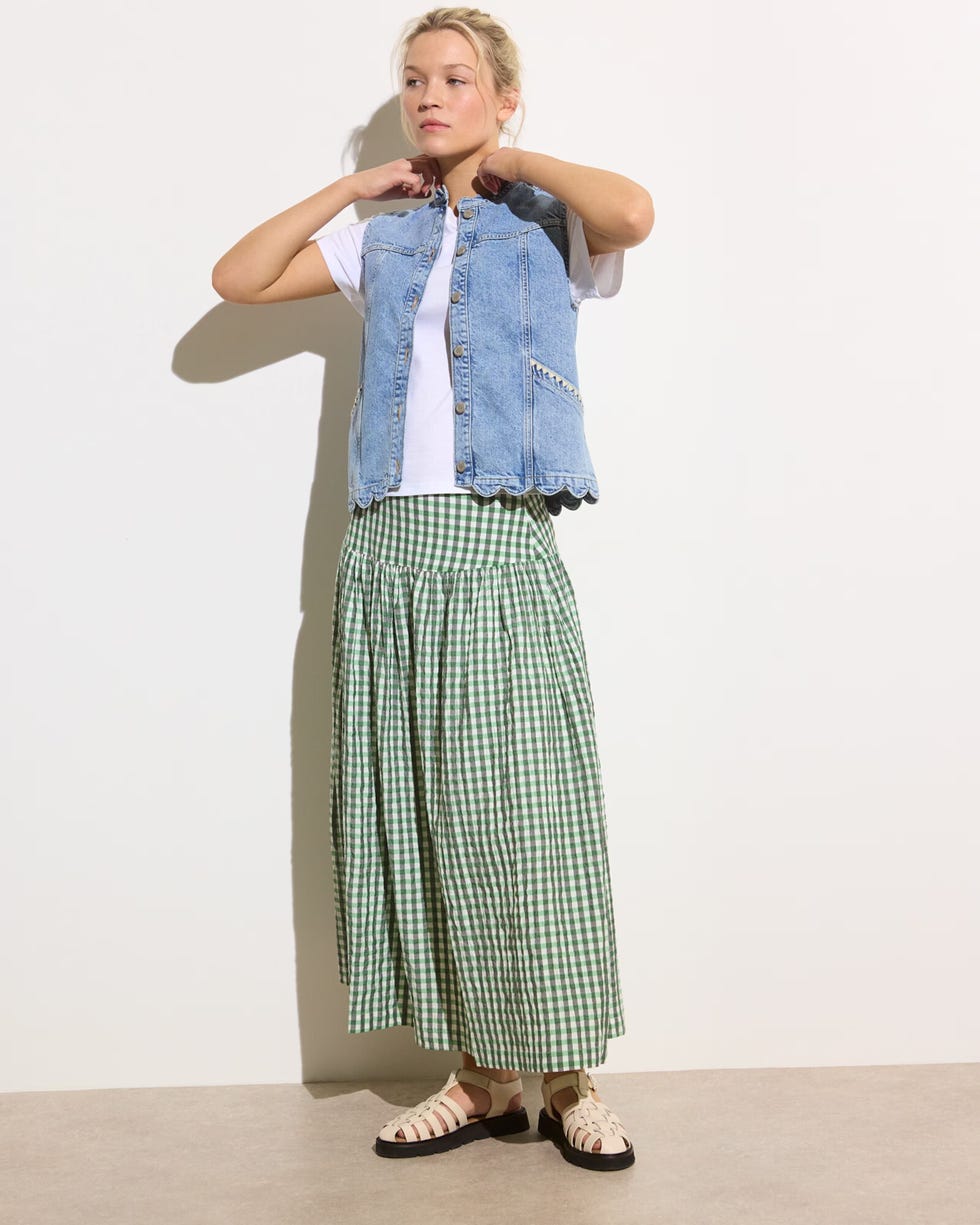 The Emerald One...  Drop-waist Gingham Midi Skirt