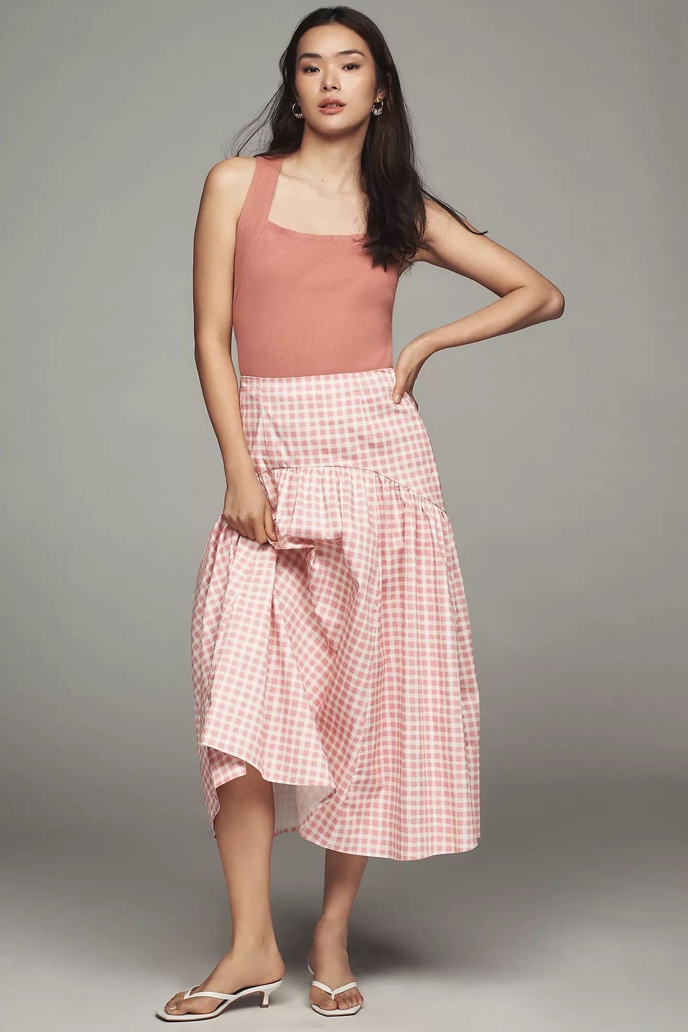 The Pink One... Drop-waist Gingham Midi Skirt