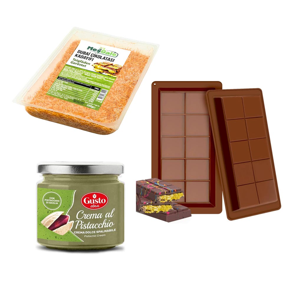 Set para chocolate Dubai DIY: Kadayif 200 g + crema de pistacho (190 g) + 2 moldes de chocolate 