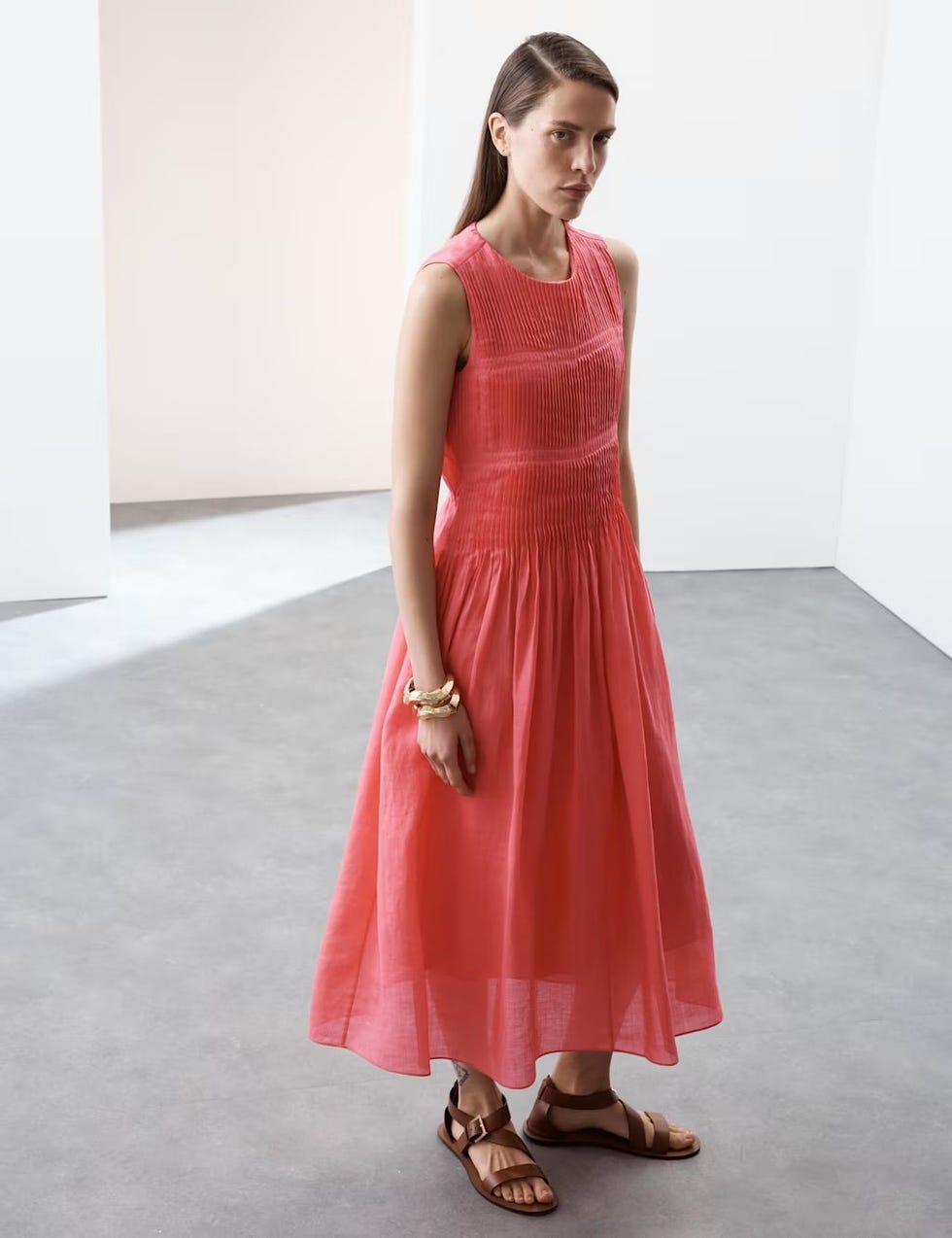 Ramie Midi Shirred Dress